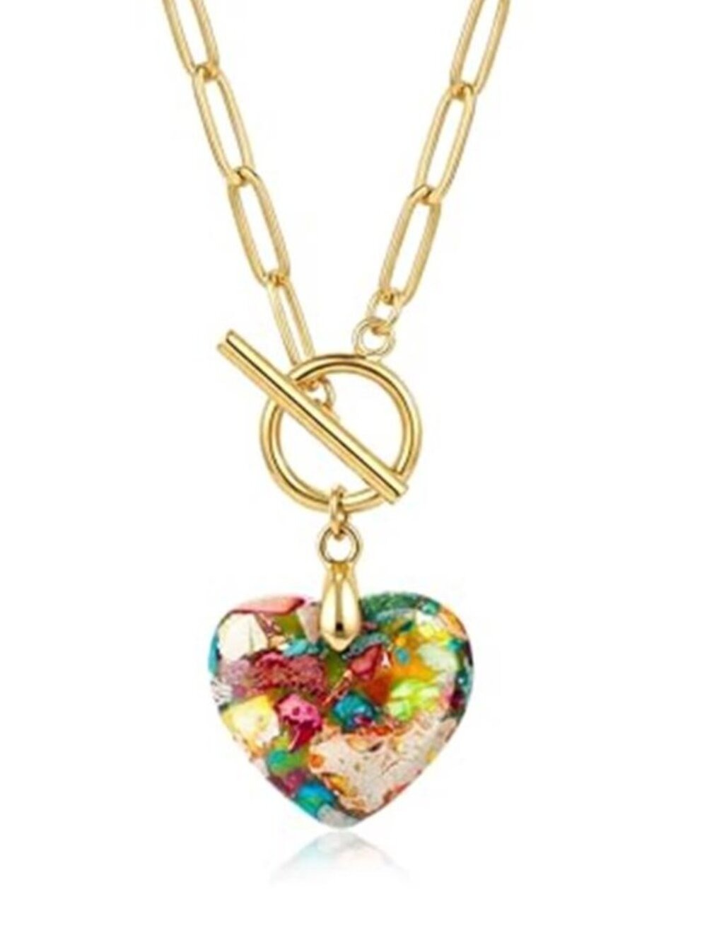 Multicolor Stone Puff Heart Necklace 14K Gold Plated Paperclip Chain Choker